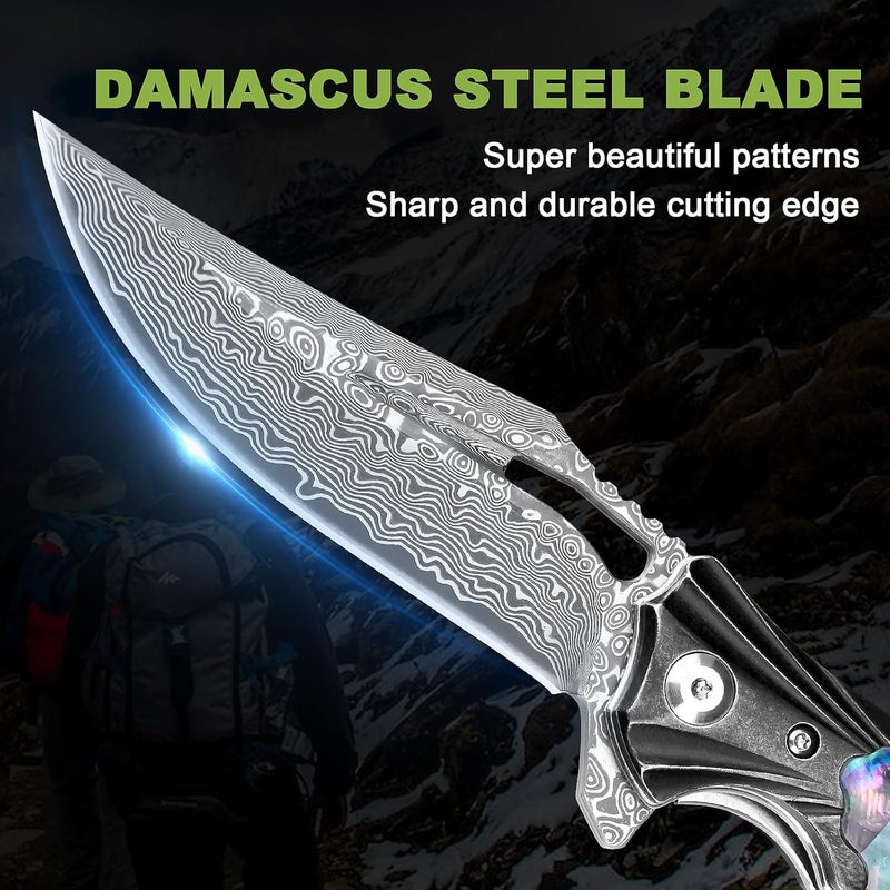Zingbee Damascus Pocket Knife for Women, 3.15" VG10 Damascus Steel Blade EDC Folding Knife with Sheath, Abalone Shells Handle, Ideal Gifts for Woman Men - Image 3